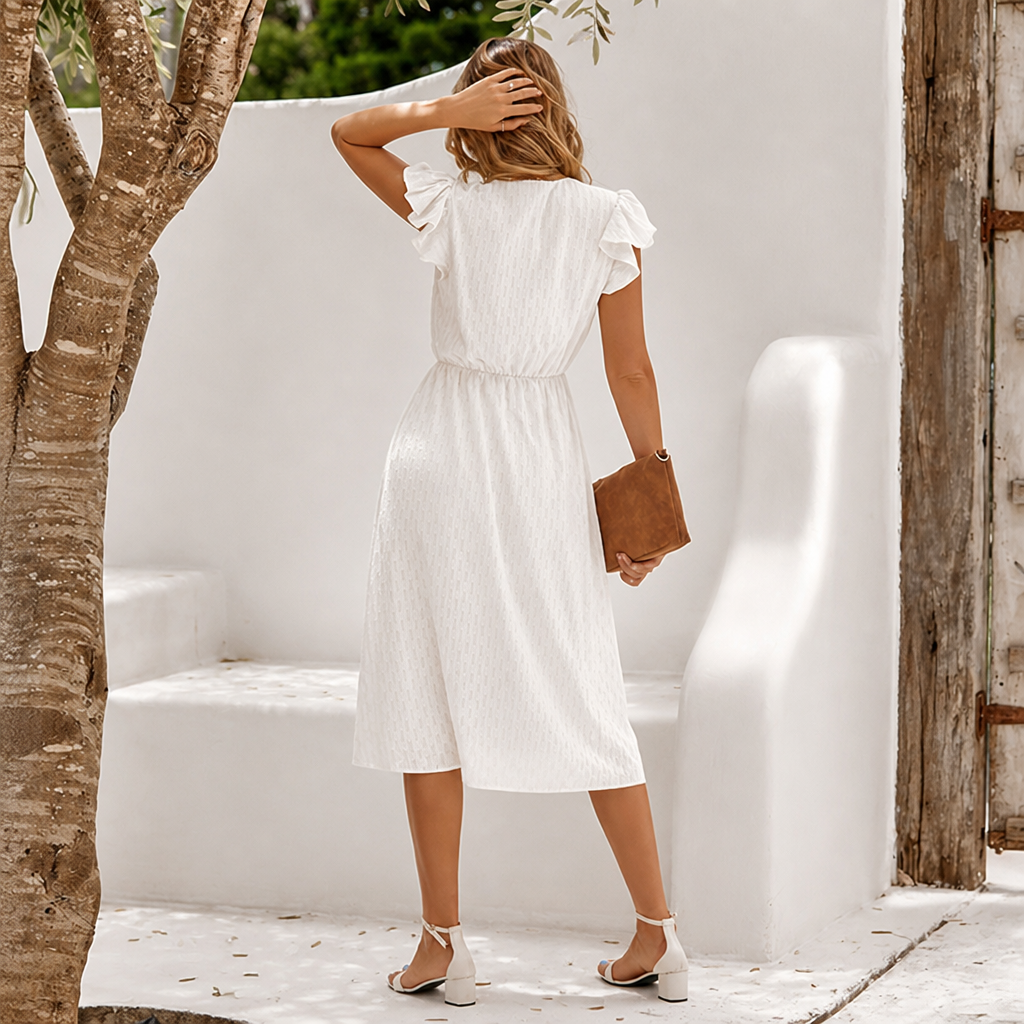 Elegant Women's Midi Dress with Ruffled Sleeves, V-Neck | Casual Chic