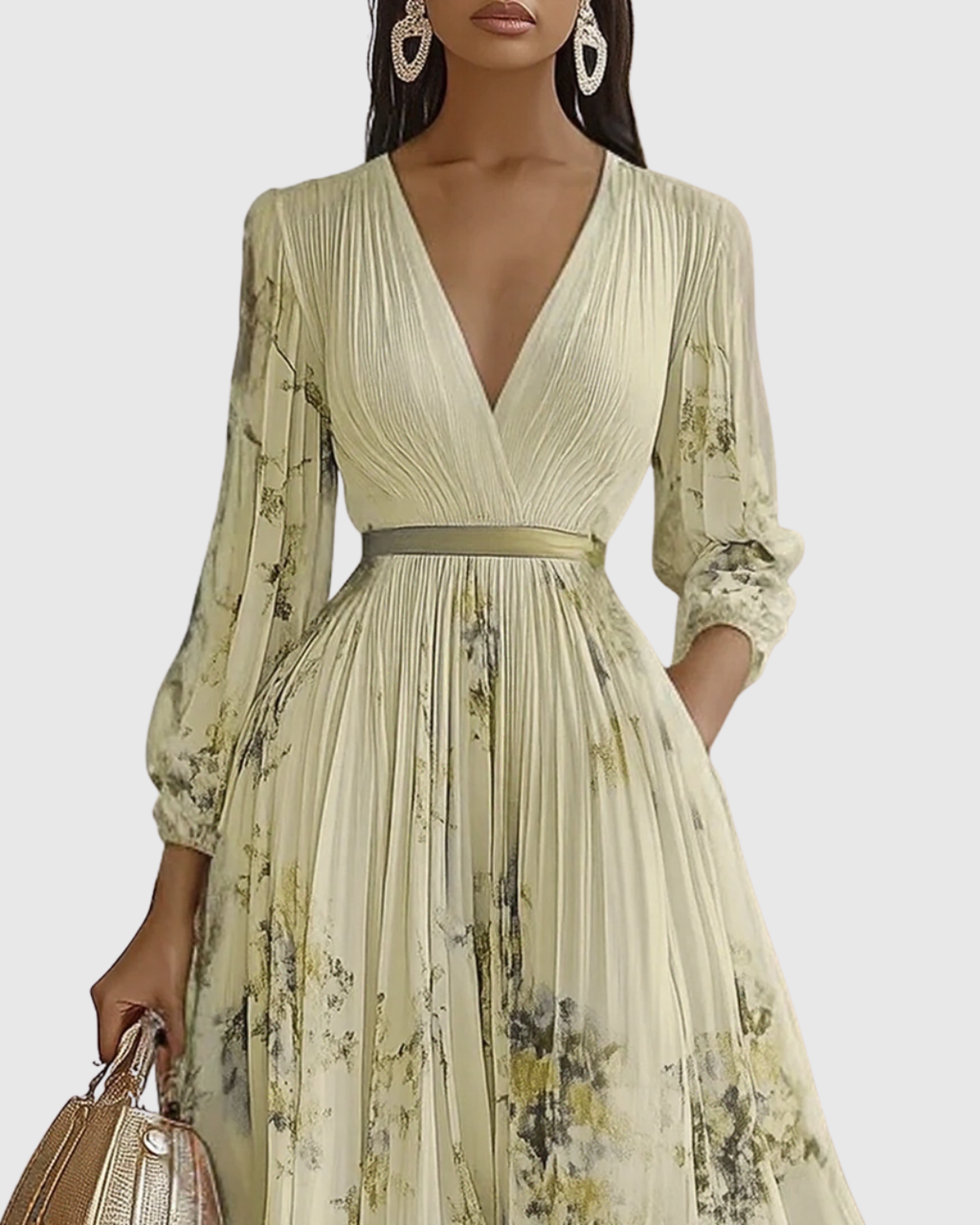 Women's V-Neck Long-Sleeve Pleated Floral Maxi Dress with Ribbon Tie Waist