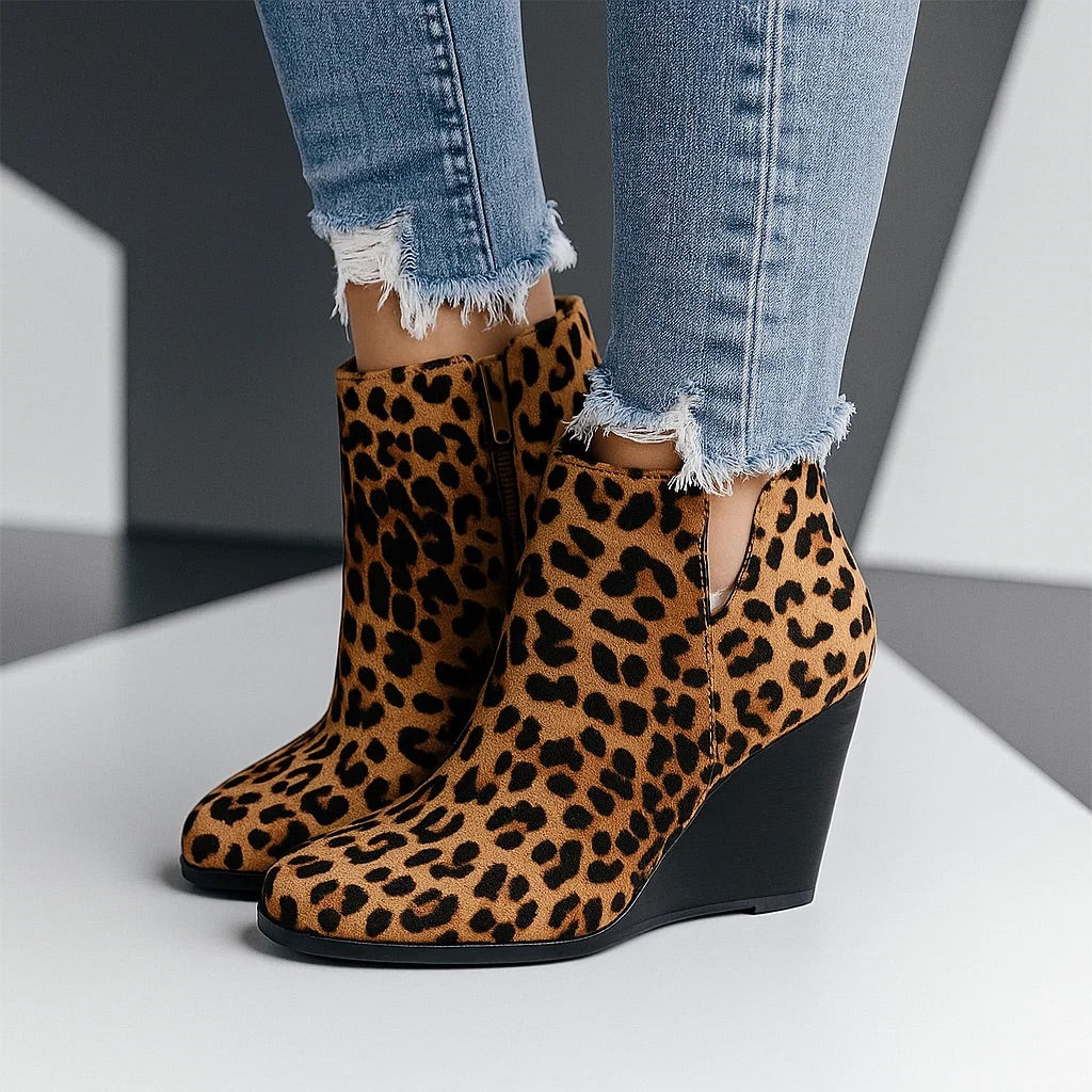 Women's Ankle Boots, Wedge Heel, Side Zipper - Leopard