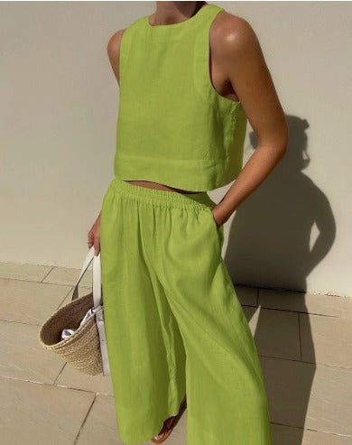 Two-Piece Sleeveless Set with Pants | Perfect for Summer - Green