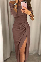 Off-Shoulder Midi Dress with Slit for Women | Perfect for Autumn - Brown