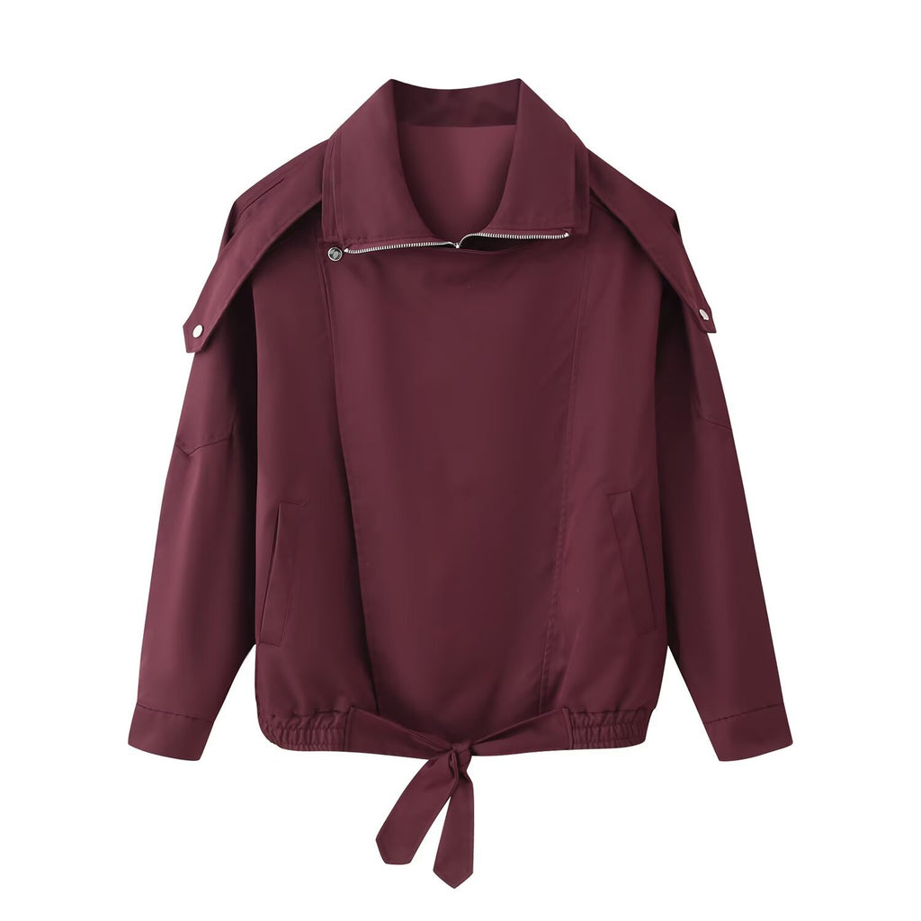 Women’s Burgundy Bomber Jacket with High Collar