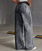 Damen Stretch Weite Loose Fit Gerade Graue Jeans | Denim-Hose mit Taschen