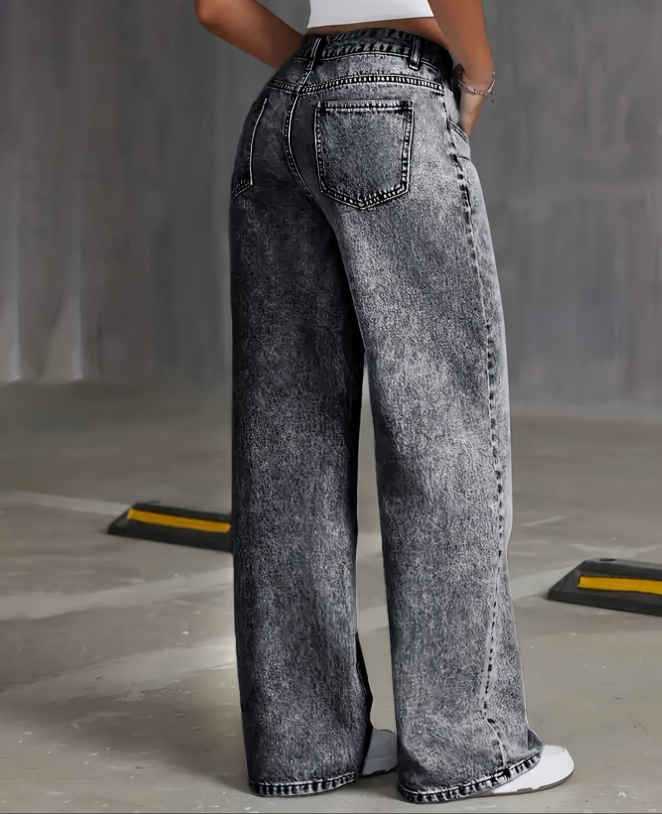 Damen Stretch Weite Loose Fit Gerade Graue Jeans | Denim-Hose mit Taschen