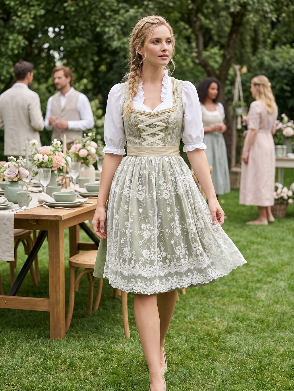 Dirndl Set Damen Oktoberfest Trachtenkleid mit Bluse Schürze 3-teilig