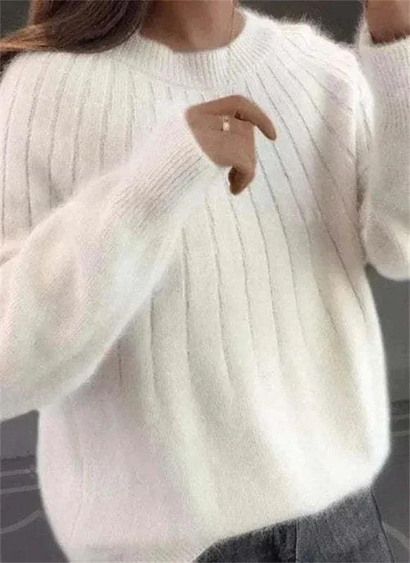 Women's Winter Knit Sweater with Simple Design - White