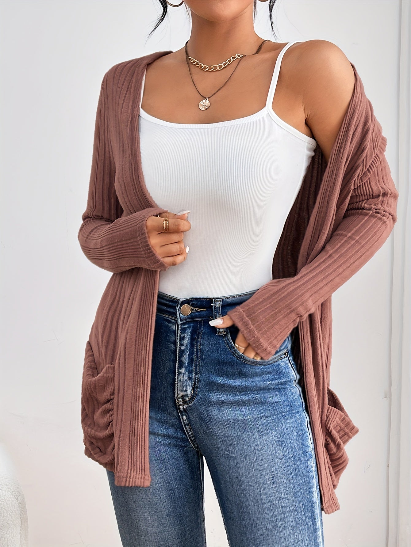 Drop shoulder ribbed cardigan | Soft Knit Open Front Casual Layer