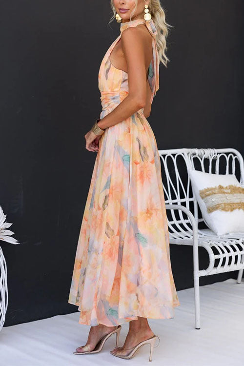 Women's Maxi Dress with Halter Neck Flowing with Open Back and Waist Belt