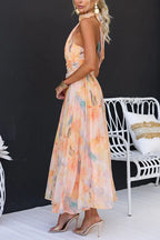 Women's Maxi Dress with Halter Neck Flowing with Open Back and Waist Belt