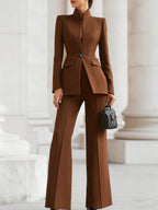 Women's Two-Piece Set, Tailored Blazer and Straight Pants - Brown