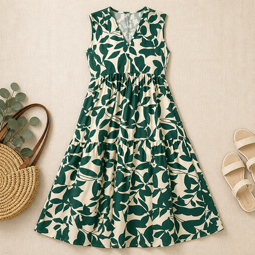 Damen Sommerkleid, A-Linie, Blumenmuster, V-Ausschnitt, ärmellos | Lässiges Strandkleid