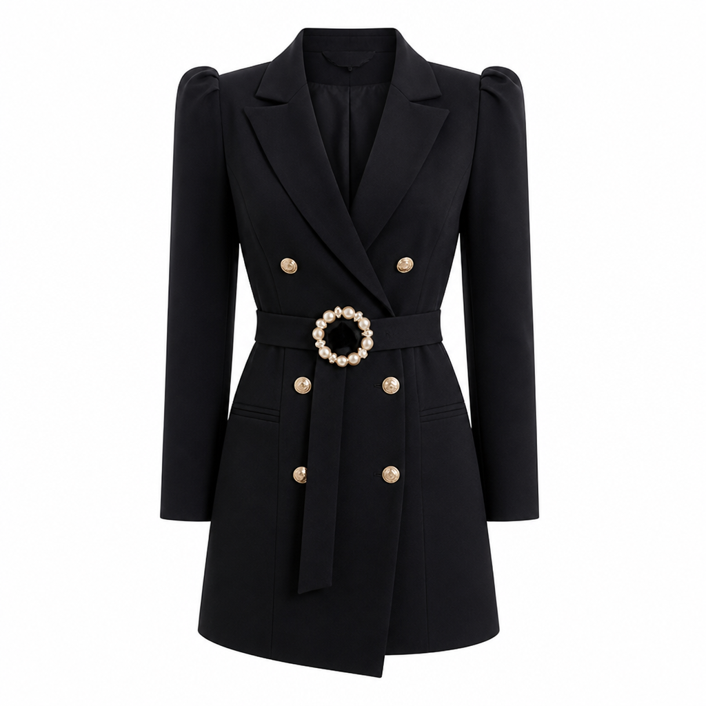 Women's Navy Dress with Double-Breasted Fastening Midi Dress - Curvay