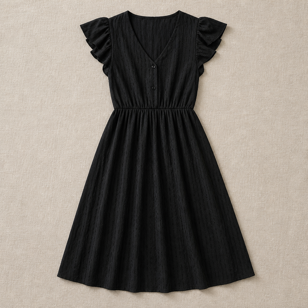 Elegant Women's Midi Dress with Ruffled Sleeves, V-Neck | Casual Chic