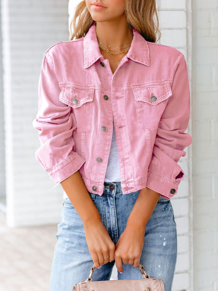 Denim Jacket in Relaxed Fit with Chest Pockets and Button Placket | Perfect for Autumn - Pink