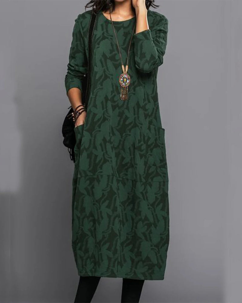 Long Sleeved Pocket Dress with Print | Floral Midi Dress