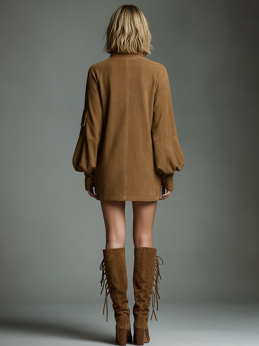 Women's Vintage Suede Turtleneck Mini Dress