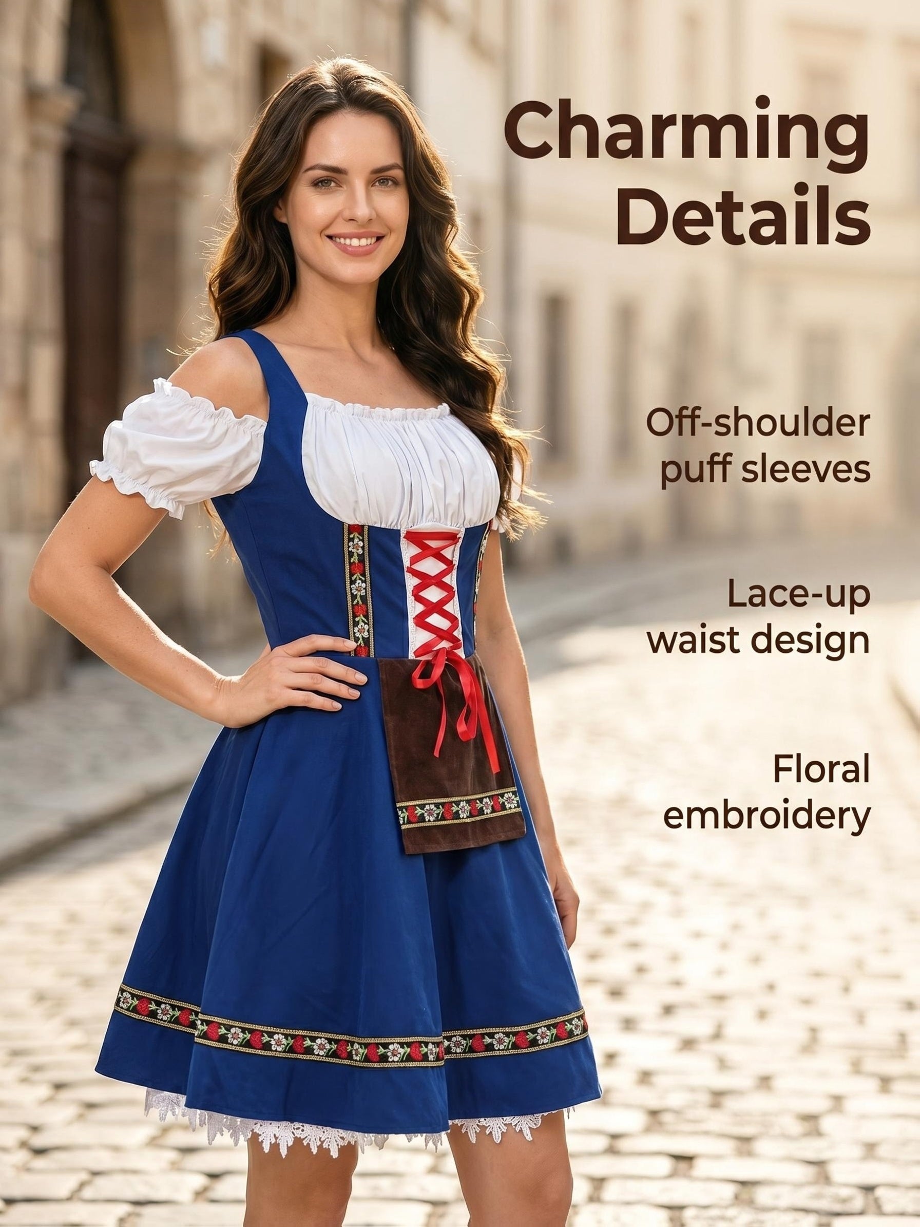 Damen Bajuwaren Trachtenkleid Deutsch Blau zum Binden schulterfrei