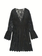 Damen V-Ausschnitt Spitzen-Midikleid, Sommer Strand Strickstoff