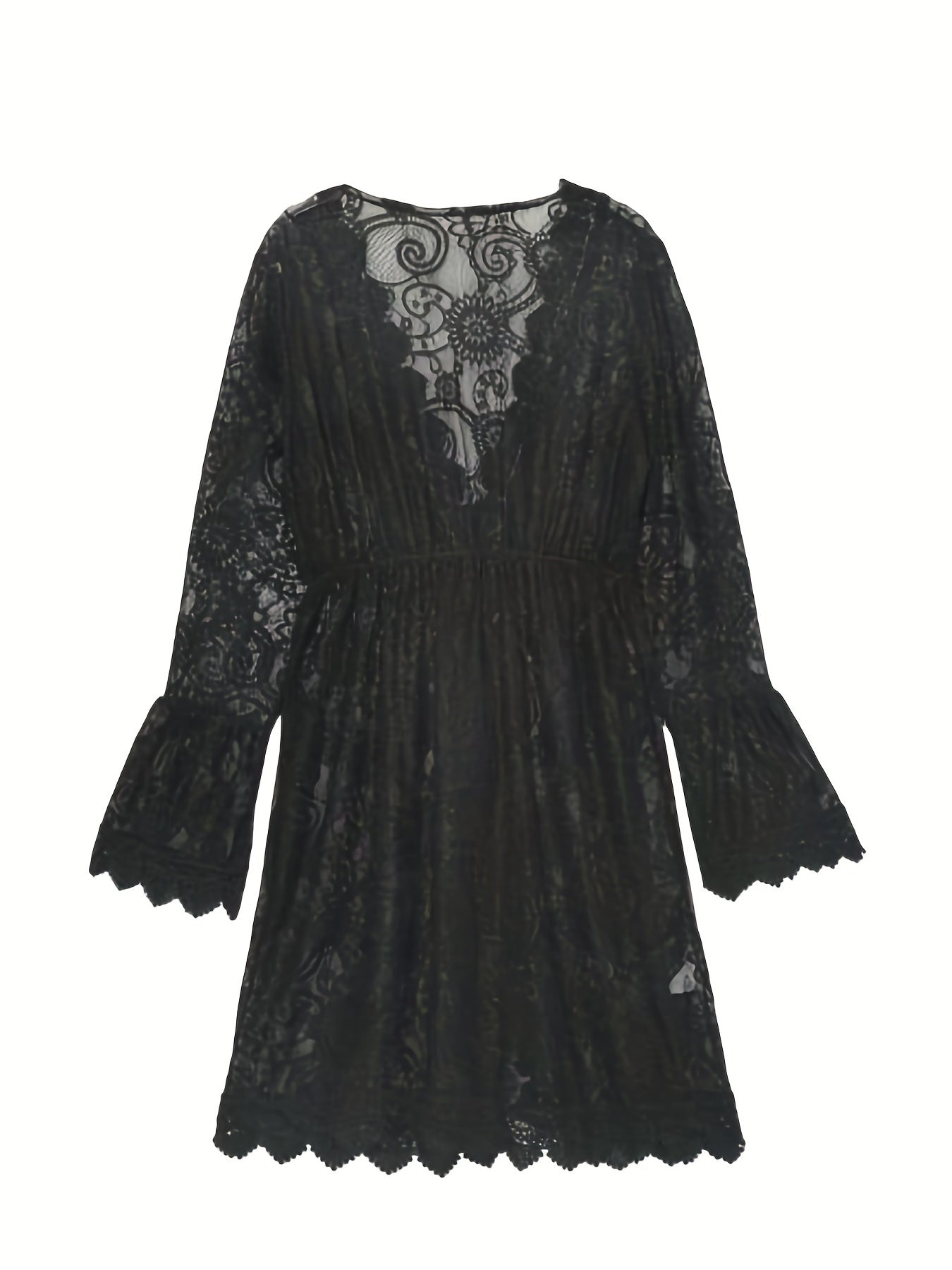 Damen V-Ausschnitt Spitzen-Midikleid, Sommer Strand Strickstoff