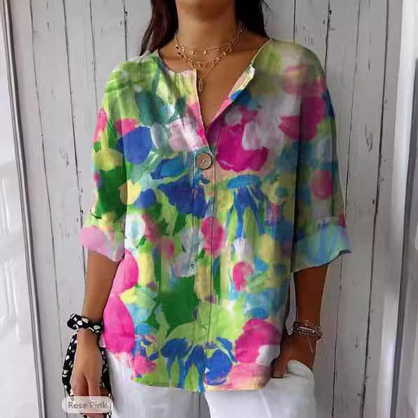 Women's V-Neck T-Shirt with Color-Block Print and 3/4 Sleeves – For Autumn - Green