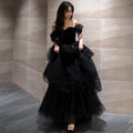 Long Autumn Evening Dress with Princess Sleeves and Petticoat | Perfect for Cool Evenings - Black
