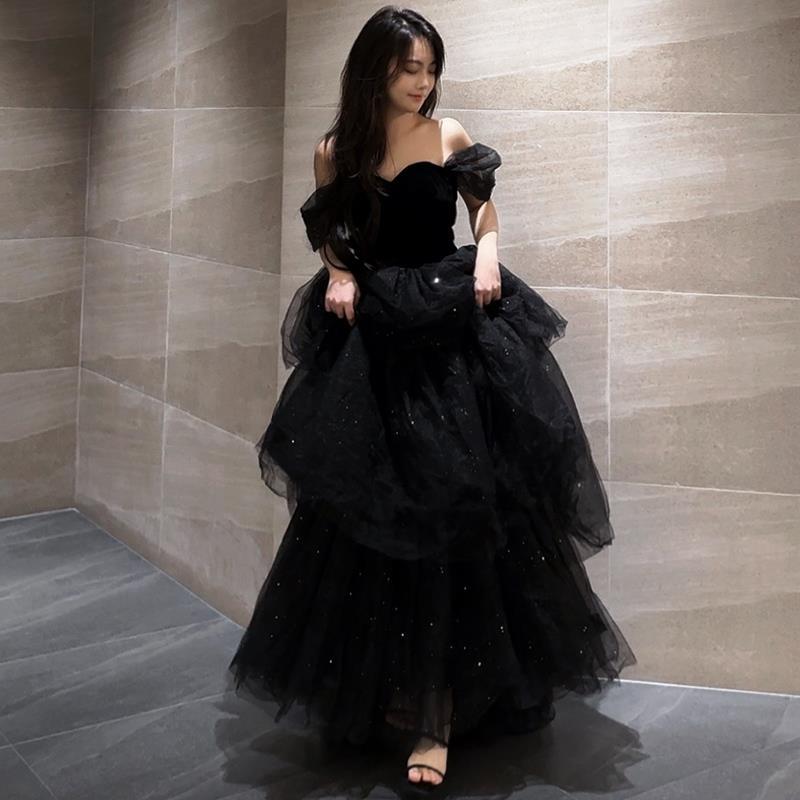 Long Autumn Evening Dress with Princess Sleeves and Petticoat | Perfect for Cool Evenings - Black