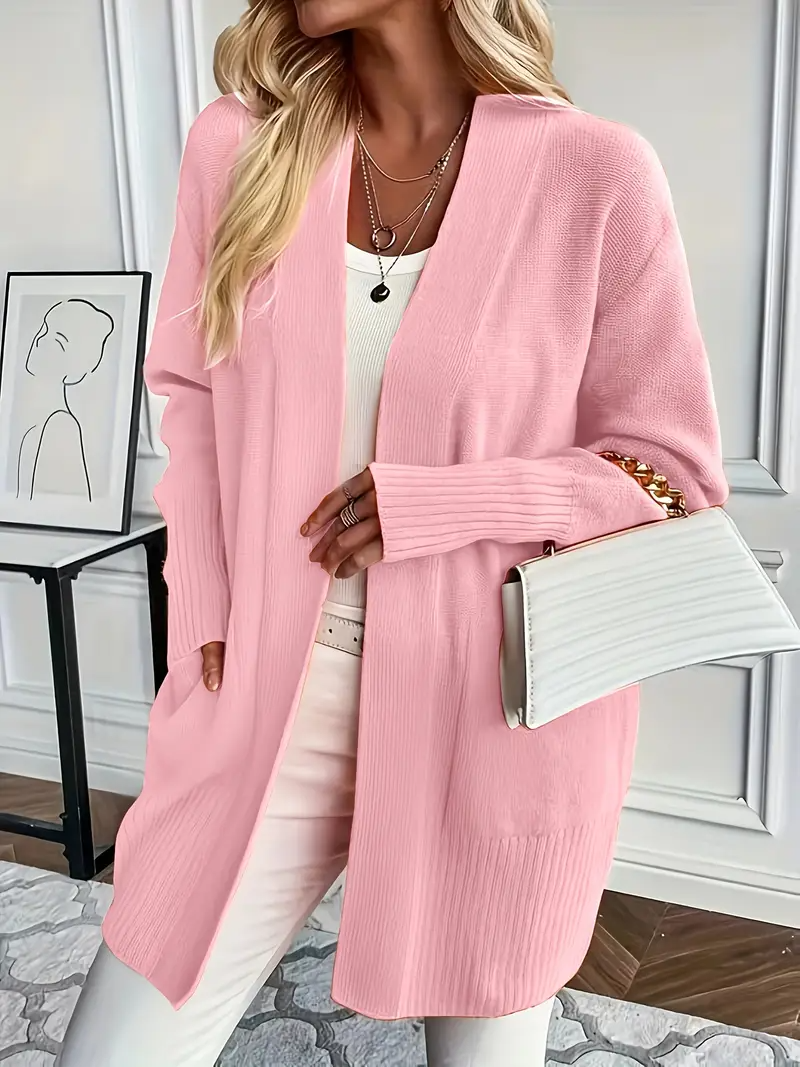 Women's Knit Sweater with Crew Neck and Relaxed Fit - Pink