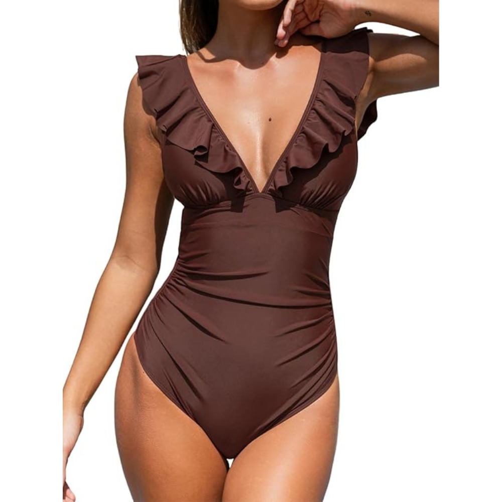Ruffle V-Neck Swimsuit – Back Lacing for Women