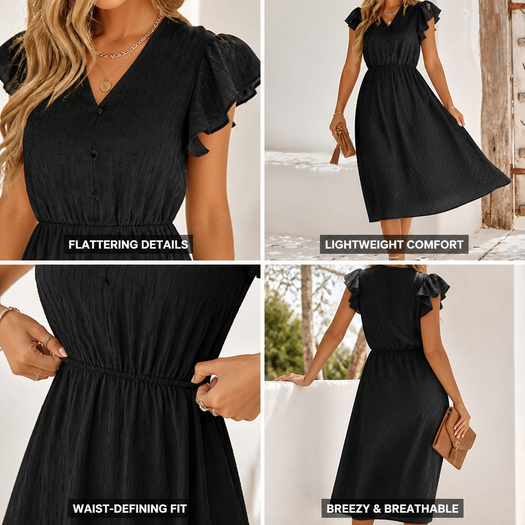 Elegant Women's Midi Dress with Ruffled Sleeves, V-Neck | Casual Chic