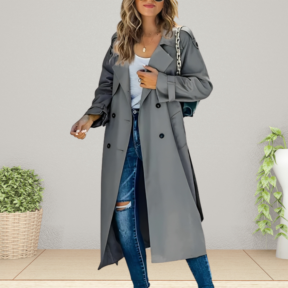 Women's Spring Trench Coat, Double-Breasted, Mid-Length - Gray