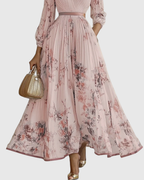 Women's V-Neck Long-Sleeve Pleated Floral Maxi Dress with Ribbon Tie Waist