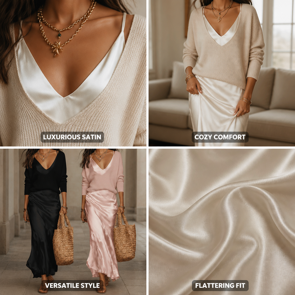 Satin Midi Dress with a Cozy Sweater Combination | Elegant Outfit