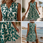 Damen Sommerkleid, A-Linie, Blumenmuster, V-Ausschnitt, ärmellos | Lässiges Strandkleid