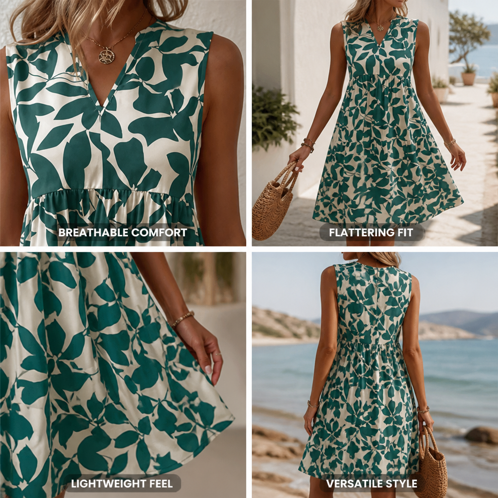 Damen Sommerkleid, A-Linie, Blumenmuster, V-Ausschnitt, ärmellos | Lässiges Strandkleid