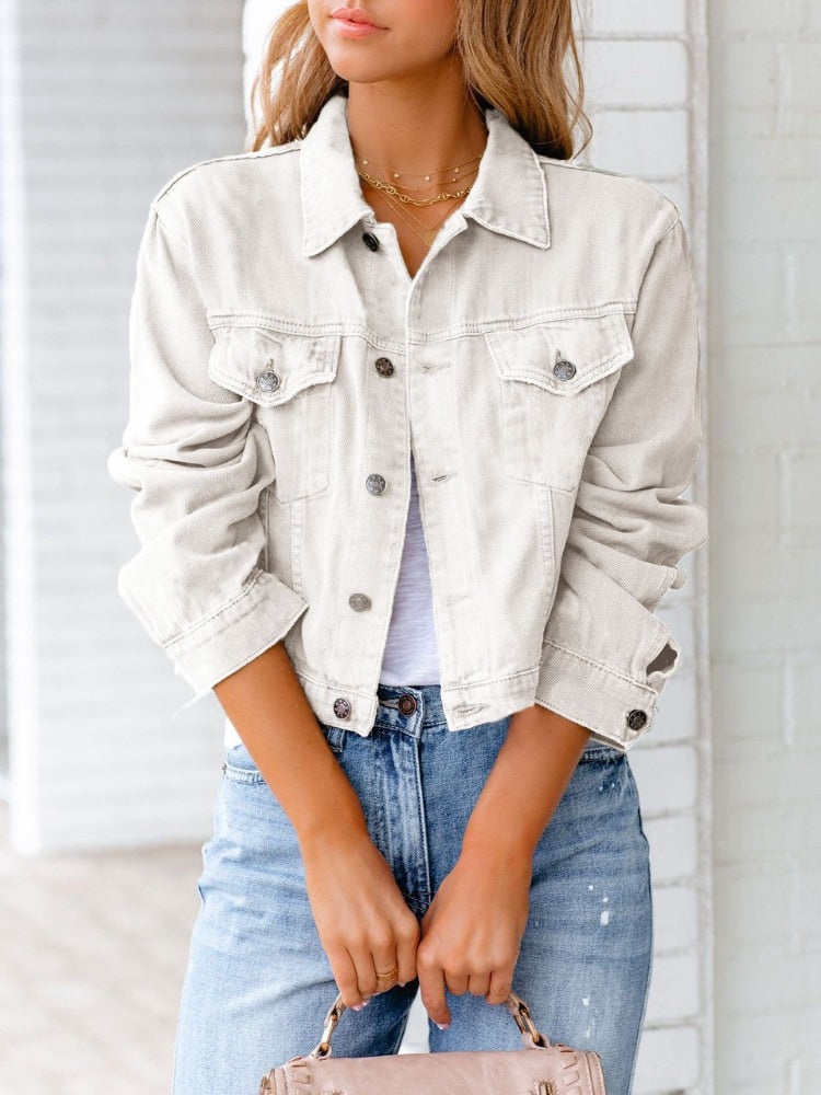 Denim Jacket in Relaxed Fit with Chest Pockets and Button Placket | Perfect for Autumn - White