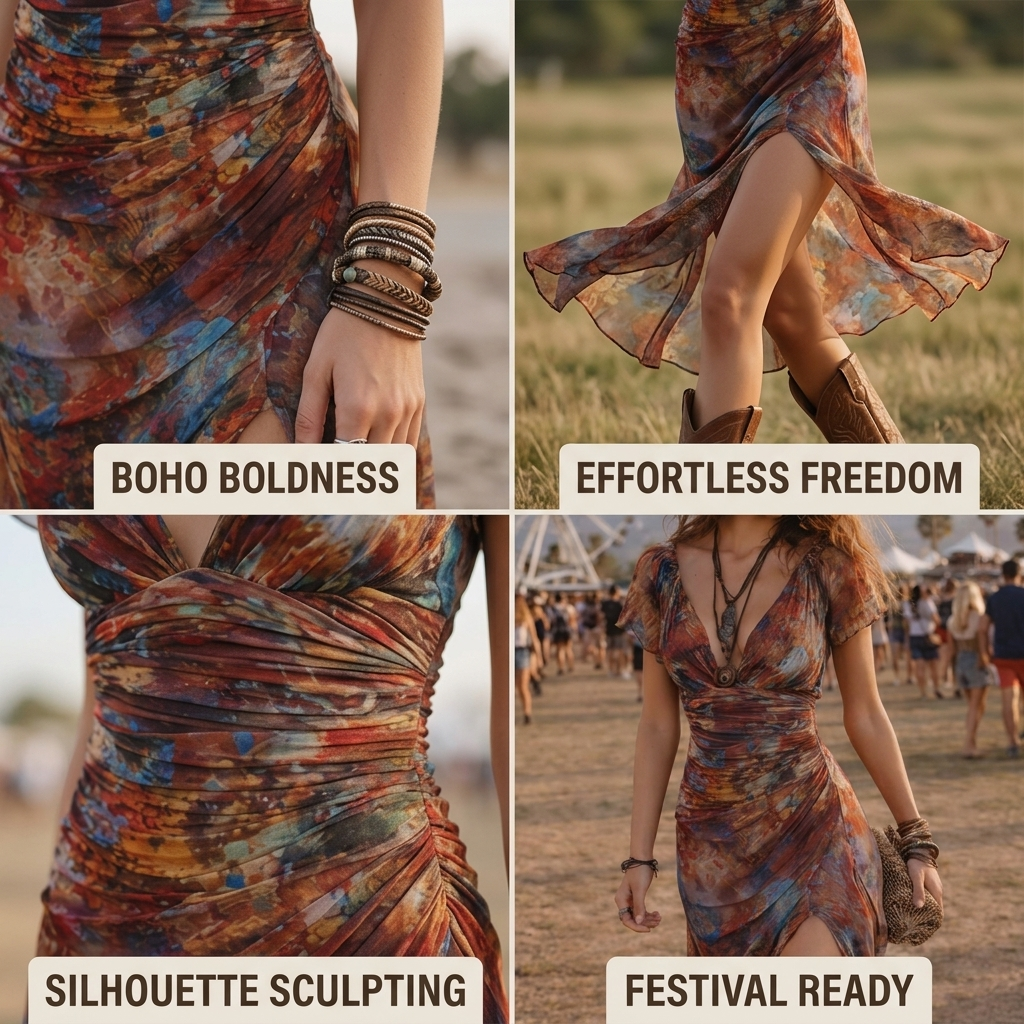 Damen Midi-Boho-Kleid mit Schlitz | Geblümtes Urlaubs-Strandkleid