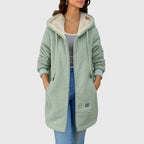 Women's Winter Fleece Jacket with Hood and Front Zipper - Green