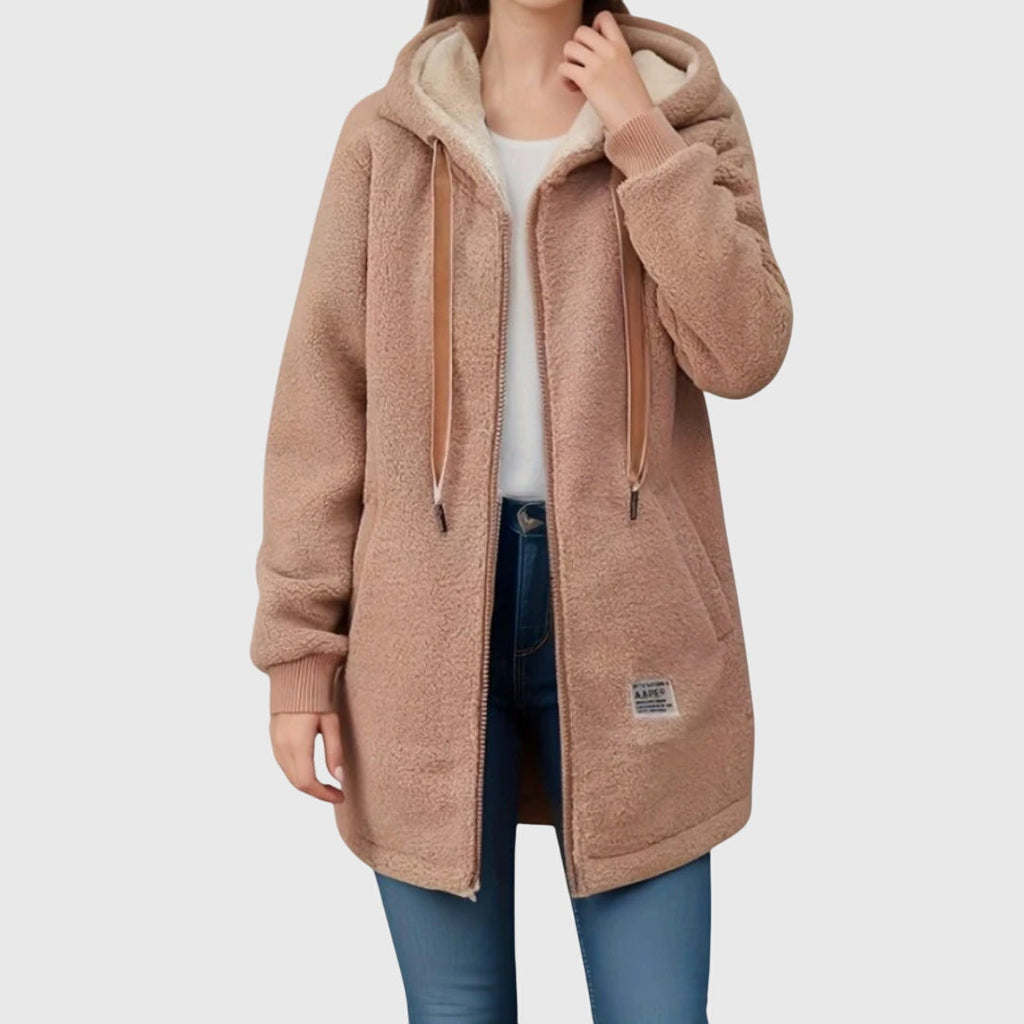 Women's Winter Fleece Jacket with Hood and Front Zipper - Brown