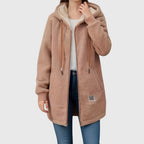 Women's Winter Fleece Jacket with Hood and Front Zipper - Brown