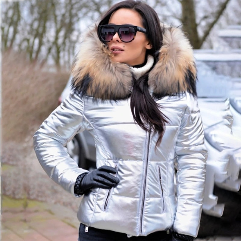 Faux Fur-Lined Winter Hooded Jacket with Zipper and Weather Protection - White
