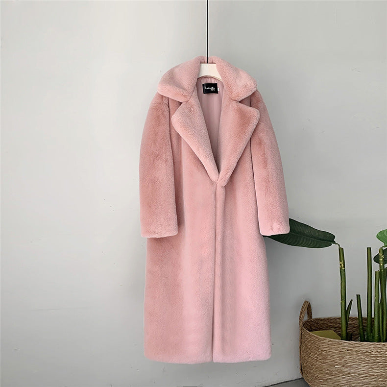 Long Faux Fur Coat in Premium Material – Knee-Length, Straight Silhouette, Ultra-Soft and Winter-Warm - Light Pink