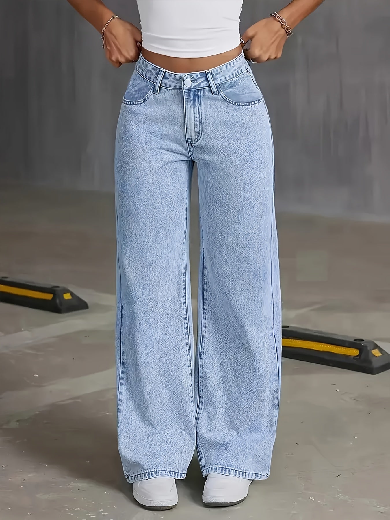 Women's New Stretch Loose Wide Leg Straight Jeans. Acid Wash Light Blue Casual Pants