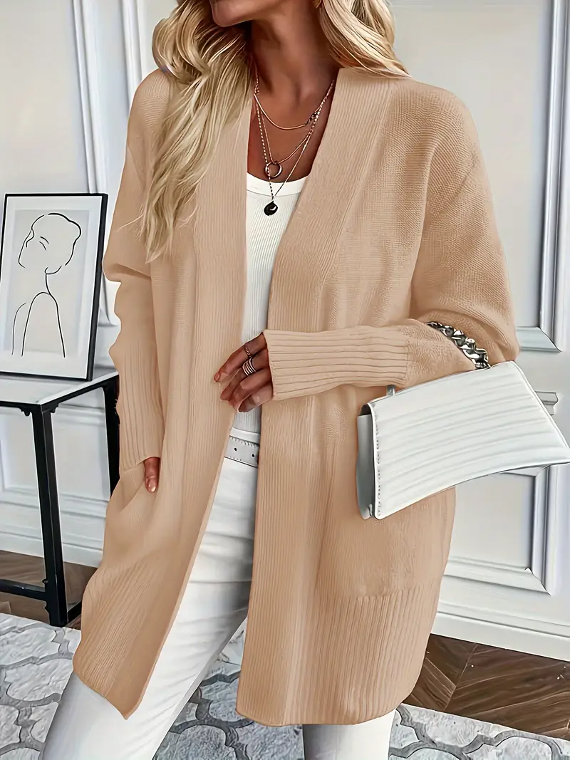 Women's Knit Sweater with Crew Neck and Relaxed Fit - Khaki