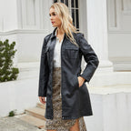 Elegant long leather Women's coat with belt and lapels