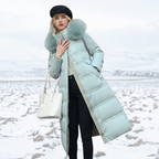 Fatiha - Elegant Long Women's Winter Fur-Trim Coat for the Winter Months - Light Blue