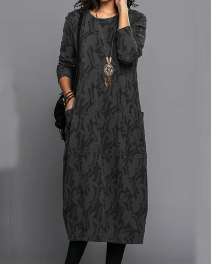 Long Sleeved Pocket Dress with Print | Floral Midi Dress