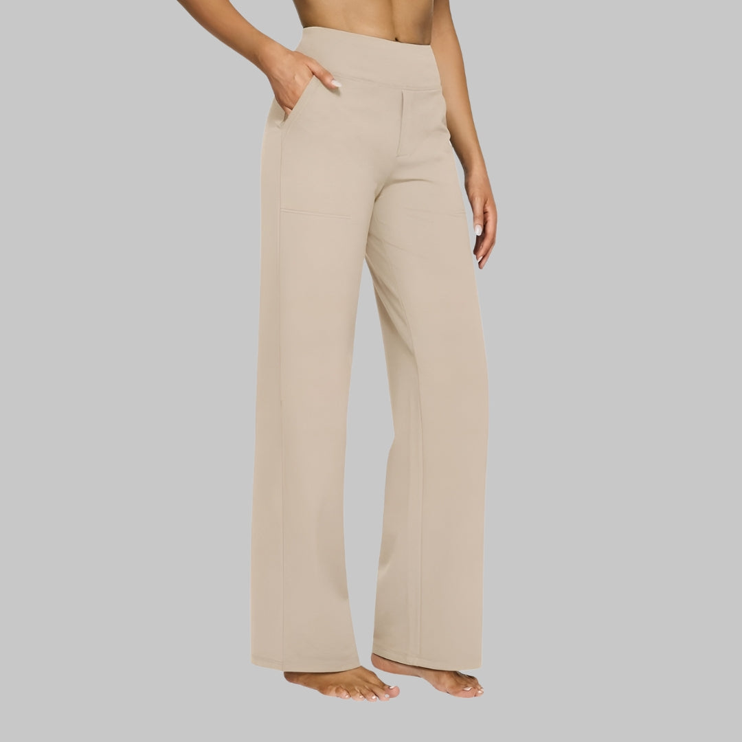 Women's Stretch Pants with High Waist and Side Pockets - Cream