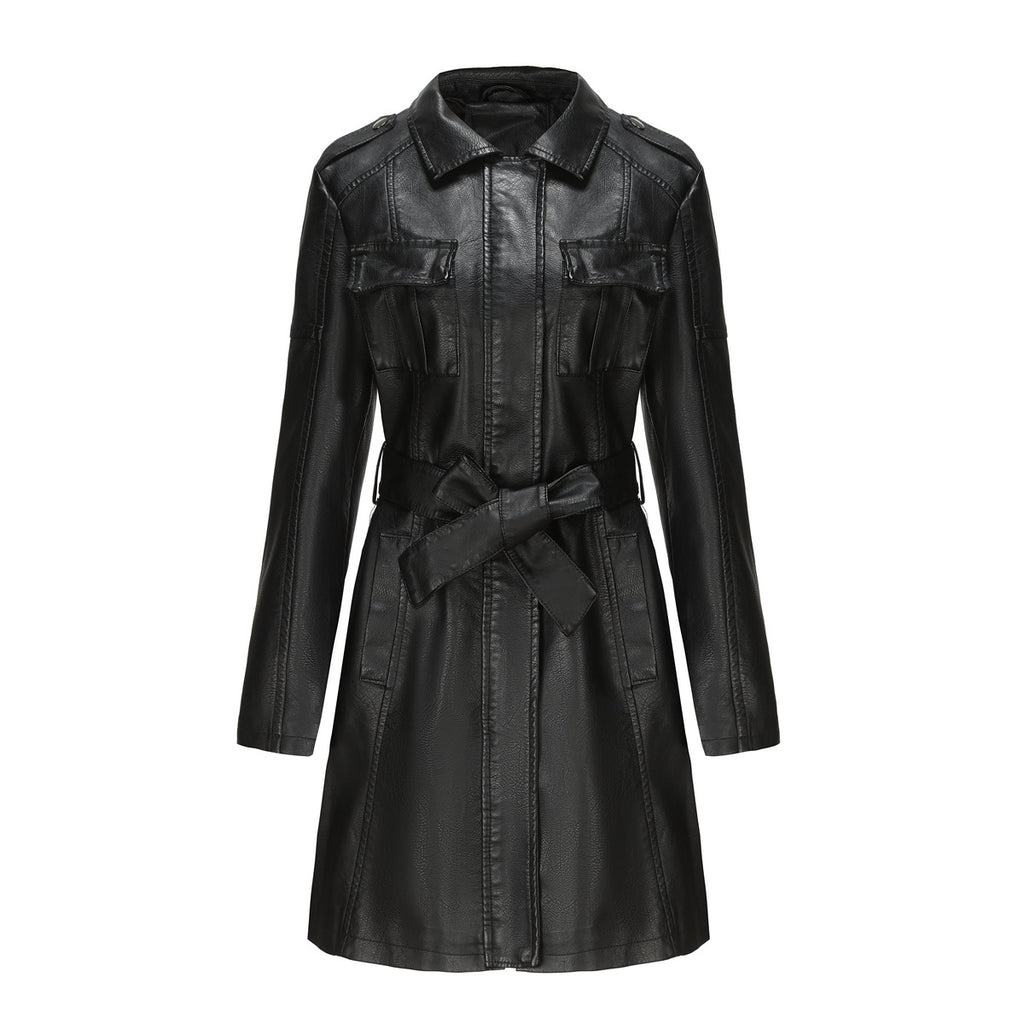 Elegant long leather Women's coat with belt and lapels