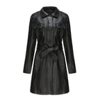 Elegant long leather Women's coat with belt and lapels