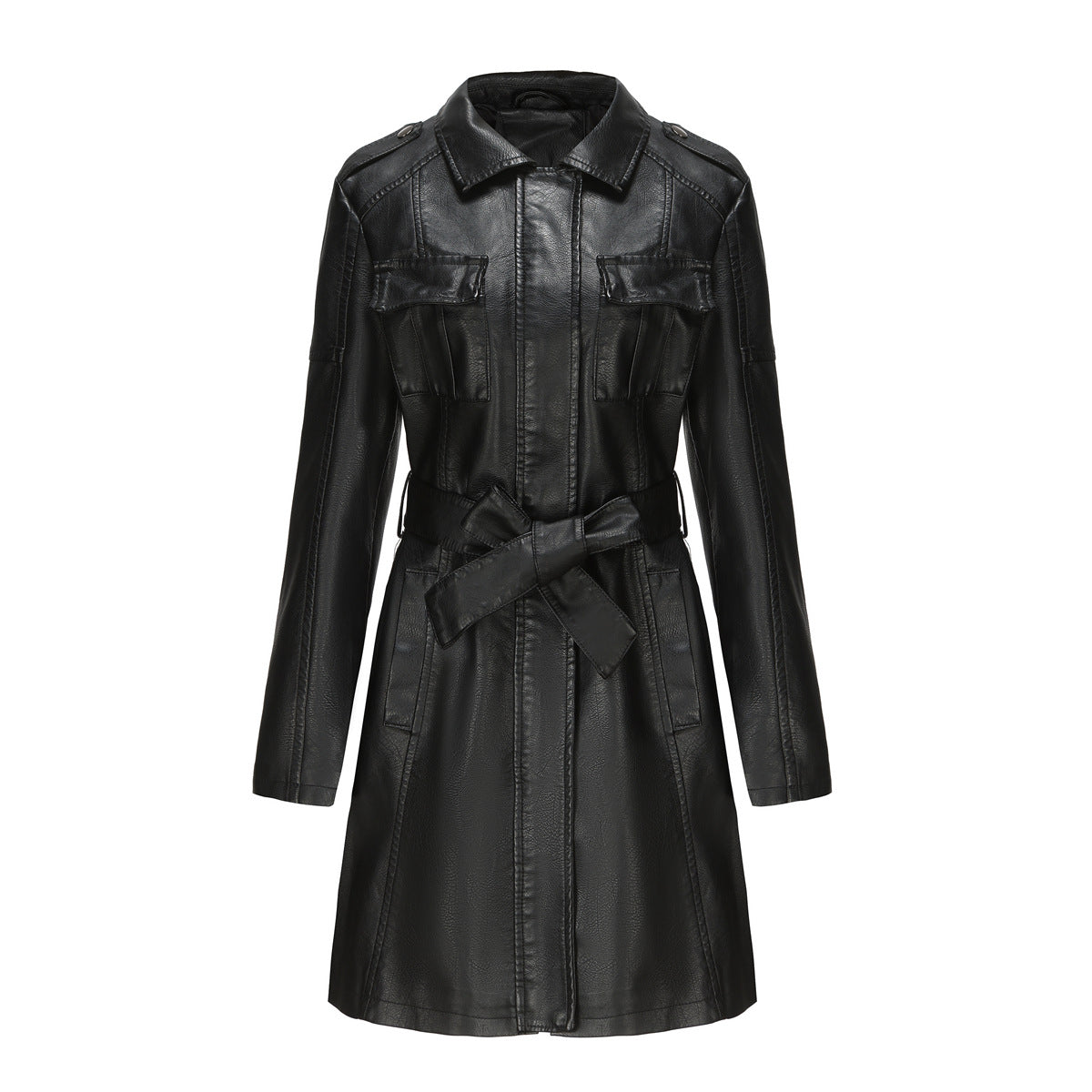 Elegant long leather Women's coat with belt and lapels